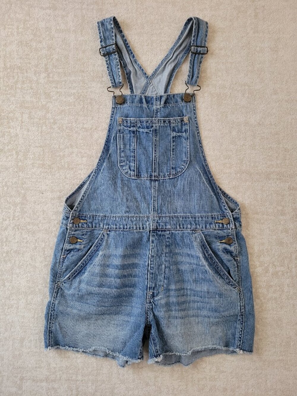 AE Distressed Denim Short Overalls Small Medium Wash Raw Hem Frayed Cottagecore